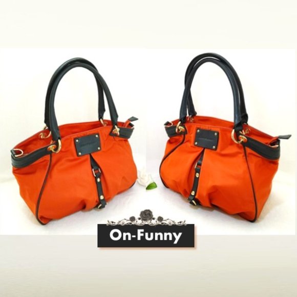 Orange Nylon Black Real Leather Trim Tote Travel Shopping Bag Carryall Shoulder - Picture 4 of 12